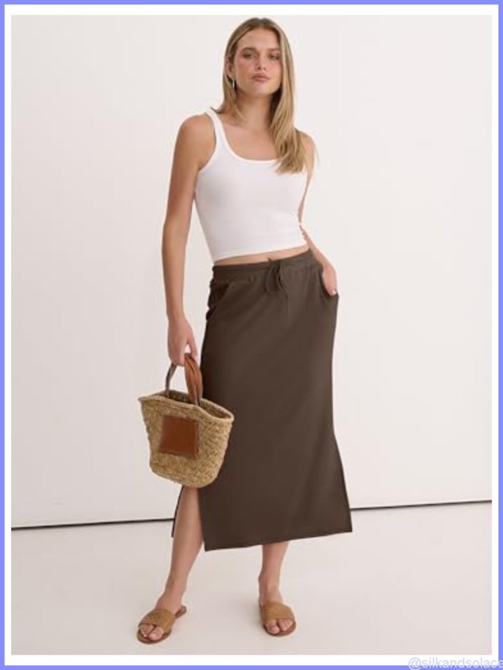 Women's High Waist Maxi Skirt with Pockets Drawstring Side Slit - Picture 2 of 6